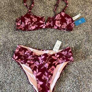 Cupshe Burgundy and Pink Floral Two-Piece Swim Set